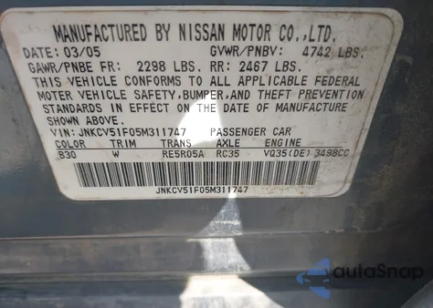 2005 Infiniti G35X z USA, uszkodzony, nr VIN JNKCV51F05M311747